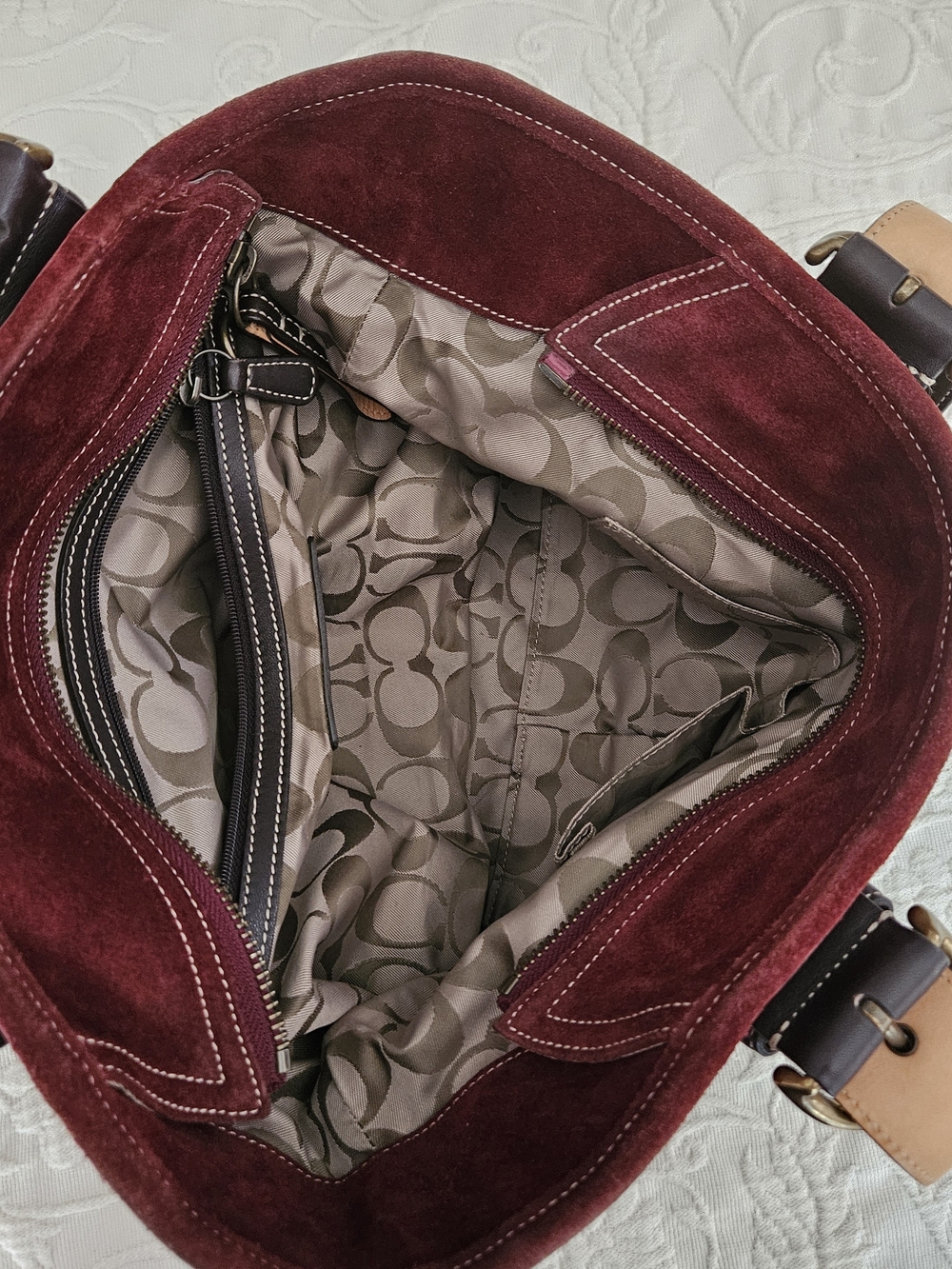 Coach Burgundy Suede Shoulder Bag with Dark Brown Straps - Picture 6 of 11